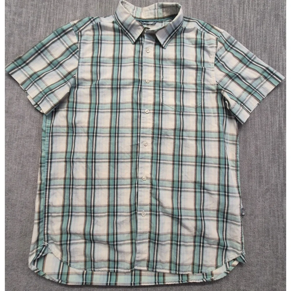 The North Face Men's LG Plaid short Sleeve Button Up Shirt Teal Tan Cotton Blend